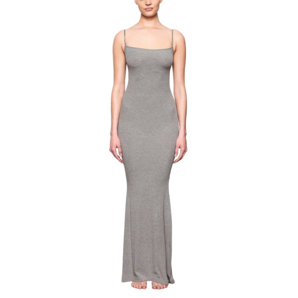 NEW SKIMS Soft Lounge Long Slip Dress Gray Knit Spaghetti Strap Womens Size XL